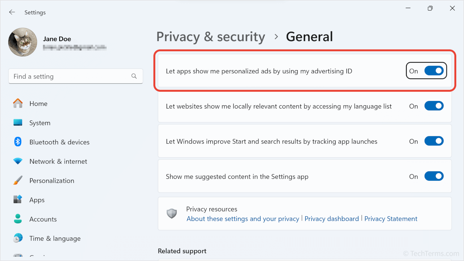 The option to enable or disable the use of Advertising IDs in the Windows settings app