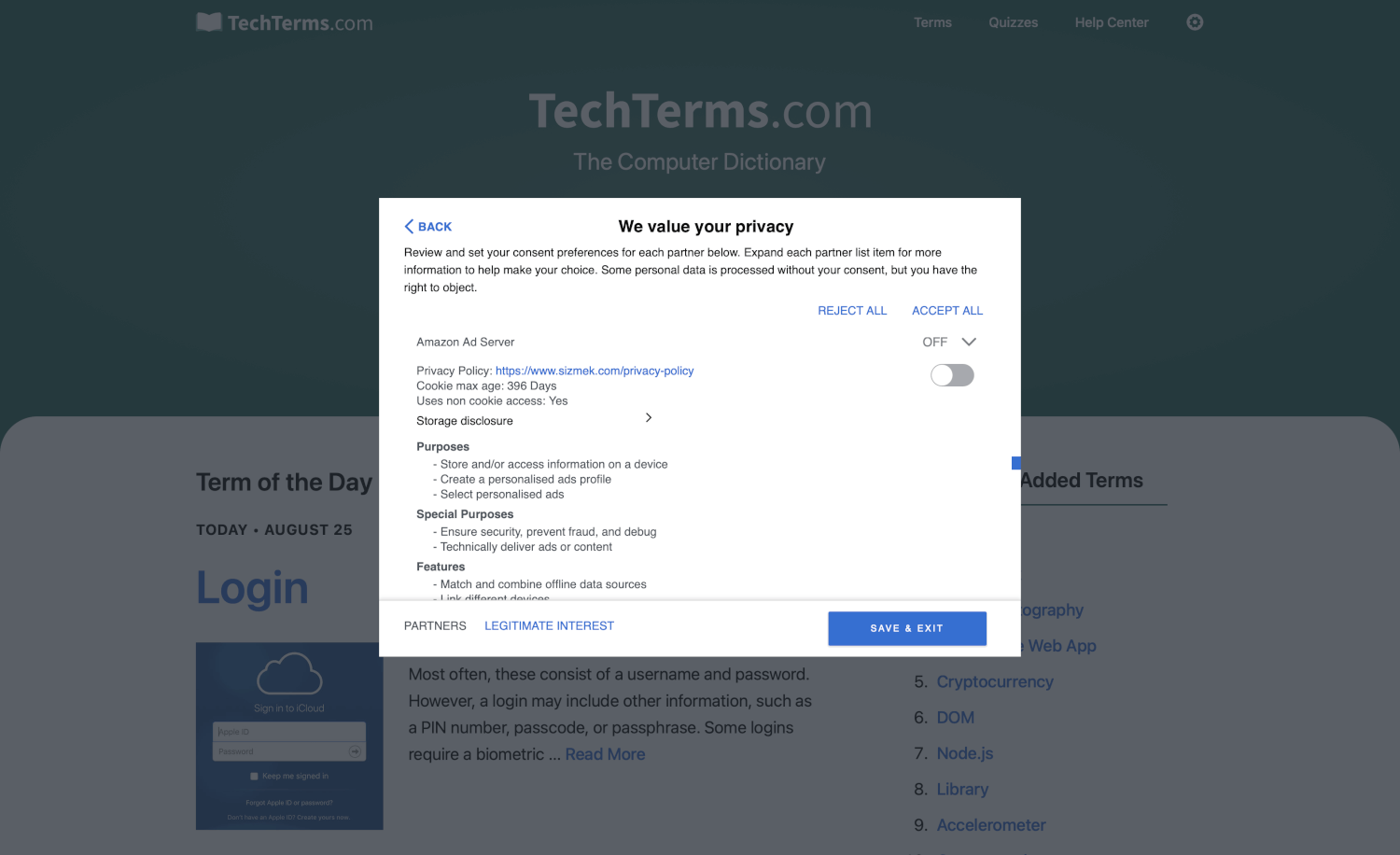 A pop-up provided by a CMP that allows you to customize which third parties can access your data