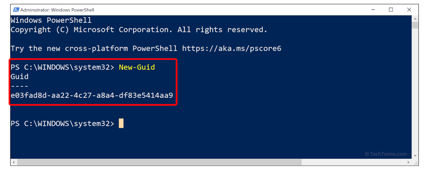 The New-Guid command in Windows PowerShell creates a new GUID