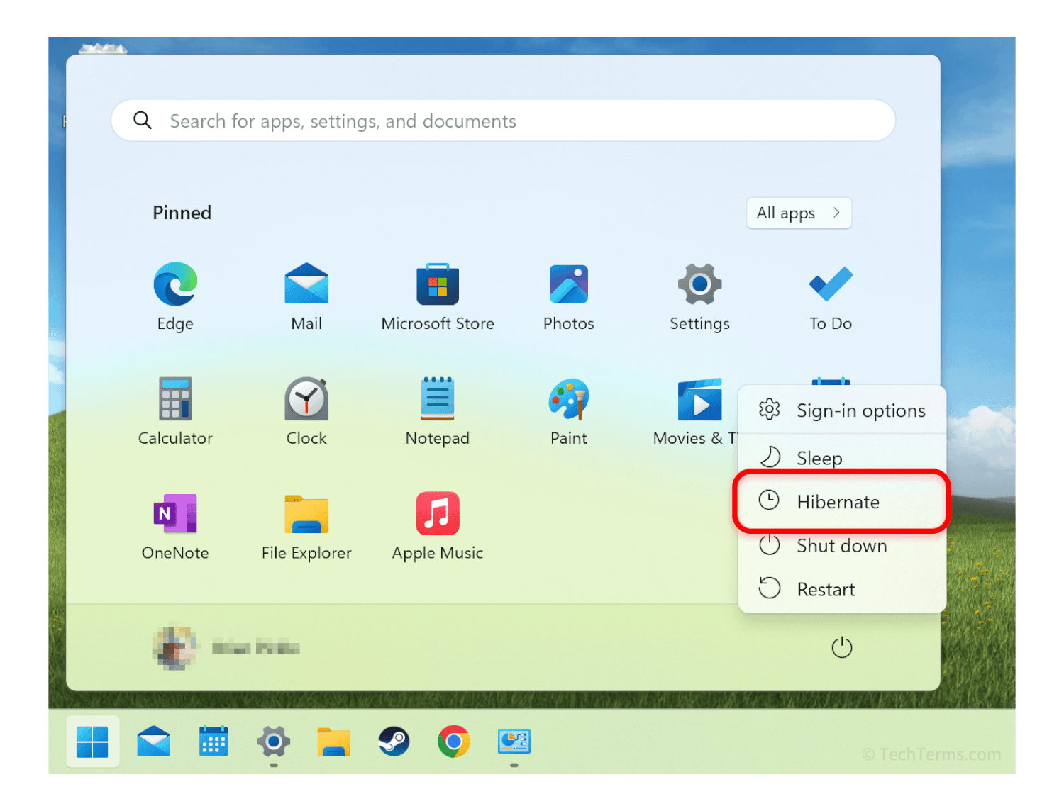 The Hibernate option in the Windows 11 Power menu