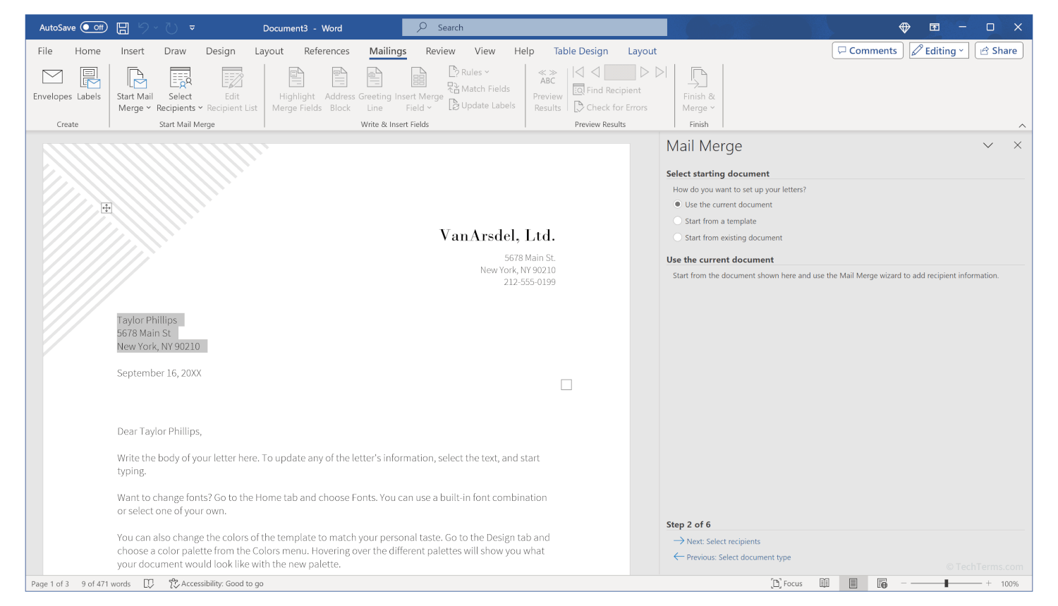 Microsoft Word displaying the Mail Merge wizard in a sidebar