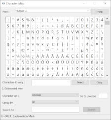 The Windows Character Map displays every Unicode character supported by a typeface